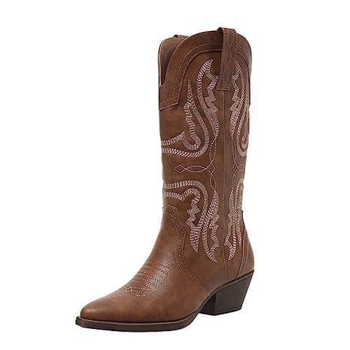 SelRoys Women's Cowboy Mid Calf Western Boots Brown Red Black