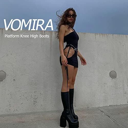 VOMIRA Women's Chunky Heel Square Toe Side Zipper Stretch Pu Leather GoGo Boots