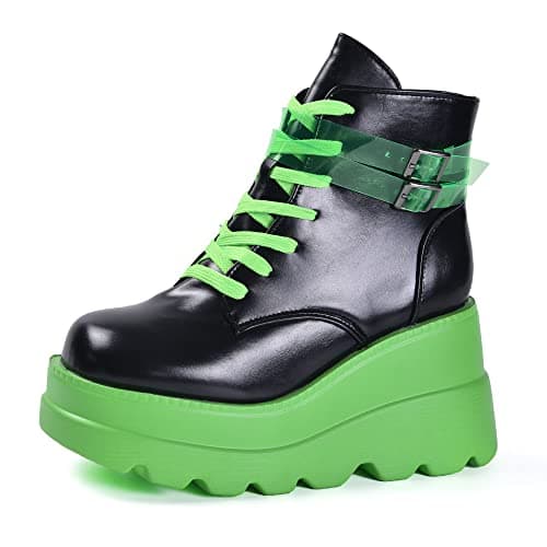Gothniero Women's Black Holographic Combat Ankle Boots with Chunky Heel and Side Zip (US 5.5-11)