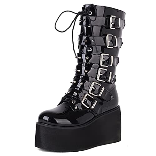 Mikarka Women's Holographic Lace-Up Mid-Calf Combat Wedge Boots