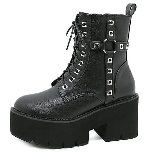 Mikarka Women's Black Chunky Heel Combat Booties