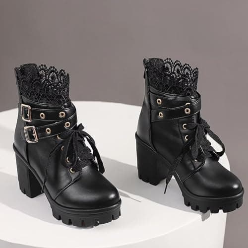 MEOTINA Goth Chunky Platform Ankle Boots with Lace and Buckle