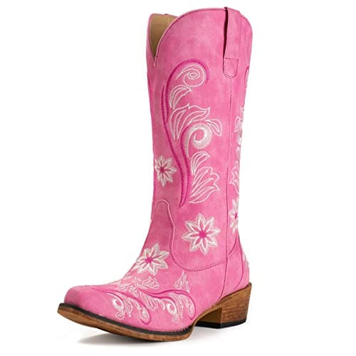 IUV Women's Mid Calf Cowboy Boots with Embroidery and Pull-On Tabs