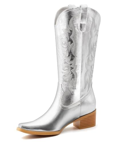 MISSMILLER Women's Embroidered Cowboy Boots with Chunky Heel Mid Calf