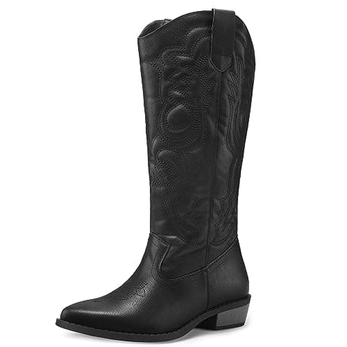Mysoft Women's Cowboy Boots - Embroidered Knee High Pointed Toe Heel
