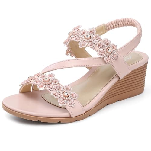 SHIBEVER Women's Comfortable Floral Open Toe Wedge Sandals