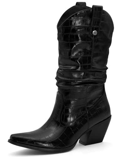 MISSMILLER Women's Embroidered Cowboy Boots with Chunky Heel Mid Calf