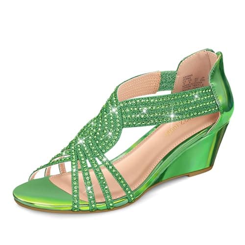 PIZZ ANNU Women's Sparkly Rhinestone Open-Toe Low Wedge Sandals for Bridal Dance Evening