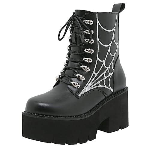 Goth Women's Platform Ankle Boots with Chunky High Heel and Lace Up Detail
