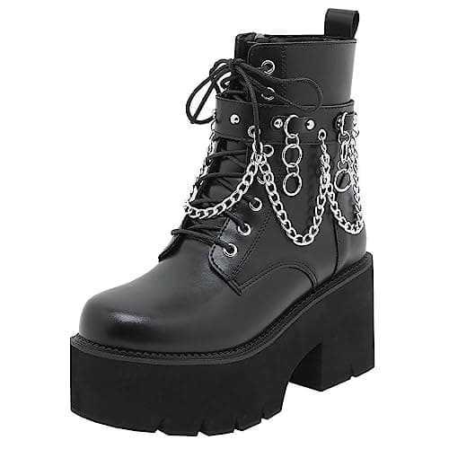 Goth Women's Platform Ankle Boots with Chunky High Heel and Lace Up Detail