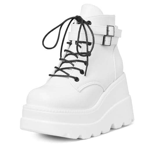 Tscoyuki Chunky Heel Booties for Women Round Toe Gothic Lace-Up Booties