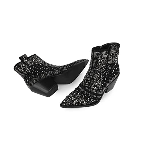 Sparkly Rhinestone Cowboy Ankle Boots with Pointed Toe and Chunky Heel by ISNOM