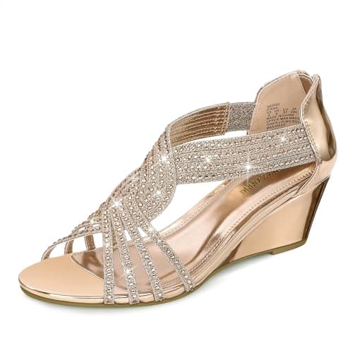 PIZZ ANNU Women's Sparkly Rhinestone Open-Toe Low Wedge Sandals for Bridal Dance Evening