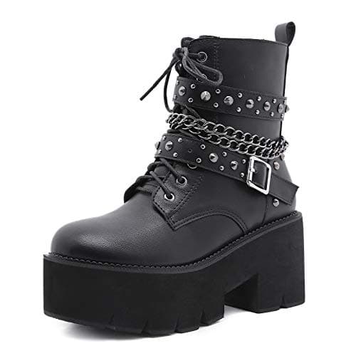 YIYA Women's Black Gothic Platform Ankle Boots with Bat Wing Buckles