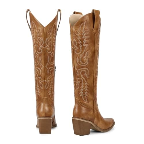 Wetkiss Women's Retro Knee High Cowboy Boots with Side Zipper