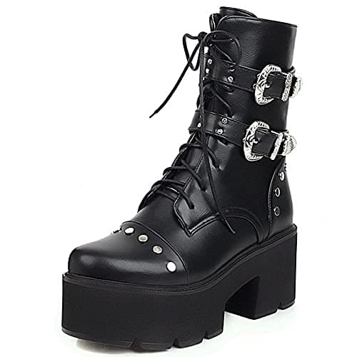 Mikarka Zipper Studded Goth Platform Combat Ankle Boots for Women Mid Chunky Block Heel Motorcyclist Boots