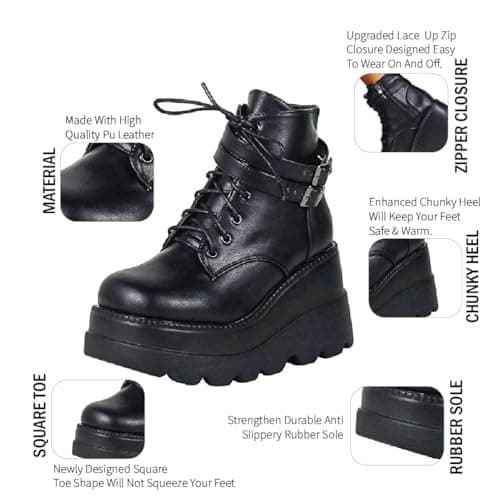 Chunky Platform Combat Boots, Square Toe Zip Heel Ankle Boot for Women