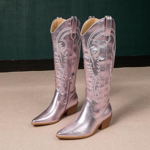 Amoji Women's Western Cowboy Knee High Boot with Zip Pull-On