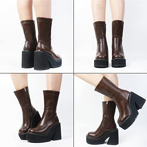 Aminugal Women's Chunky Heel Punk Motorcycle Boots Mid Calf Zippered