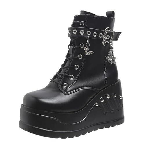 UOQAPRE Women's High Heel Combat Boots Square Toe Lace-Up Ankle Booties