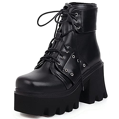 Mikarka Zipper Studded Goth Platform Combat Ankle Boots for Women Mid Chunky Block Heel Motorcyclist Boots