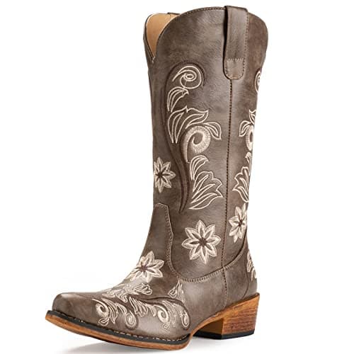 IUV Women's Mid Calf Cowboy Boots with Embroidery and Pull-On Tabs