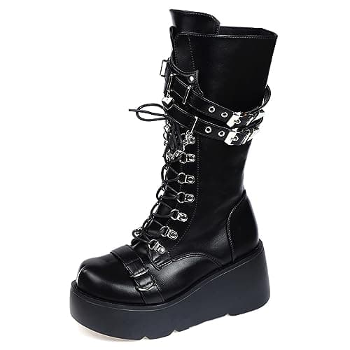 UOQAPRE Women's Winter Punk Chunky Mid-Calf Booties Heel Side Zip Rounds Toe