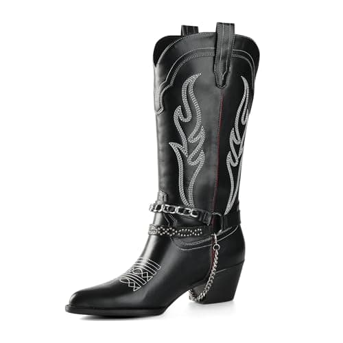 Faux Leather Cowboy Boots for Women with Chain & Embroidery