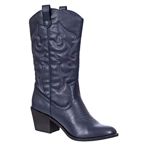 Charlies Albert Women's Mid-Calf Embroidered Cowboy Boots Low Stacked Heel Western