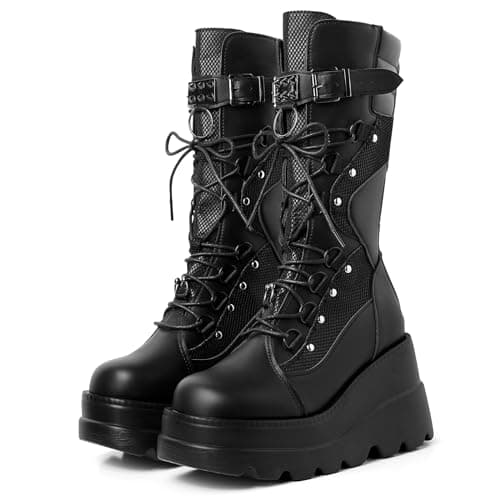 Mikarka Womens Holographic Combat Boot Wedge Heel Knee High Studded