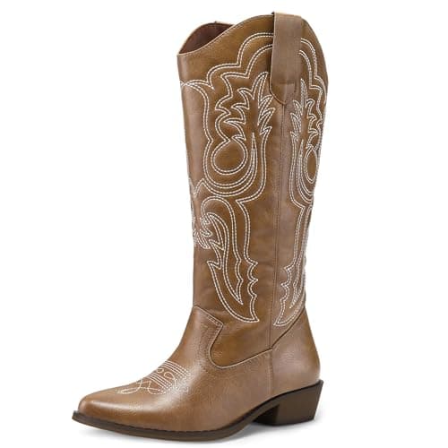 Mysoft Women's Cowboy Boots - Embroidered Knee High Pointed Toe Heel