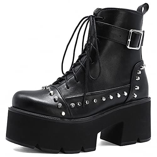 Mikarka Zipper Studded Goth Platform Combat Ankle Boots for Women Mid Chunky Block Heel Motorcyclist Boots