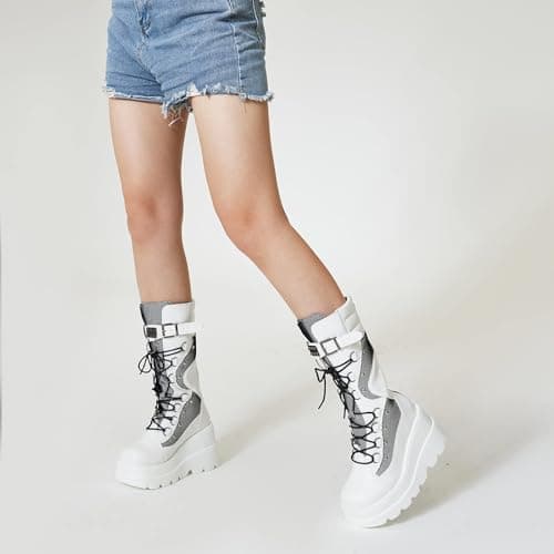 Tscoyuki Womens Goth Platform Boots Chunky Wedge Heel Rave Combat Boots Lace Up and Zipper Round Toe Mid Calf Boot for Concert Festival Style Trends