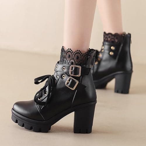 MEOTINA Goth Chunky Platform Ankle Boots with Lace and Buckle
