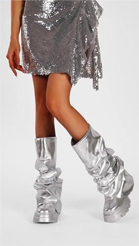 LISHAN Women's Metallic Fold-Over Pull-On Ruched Platform Heels