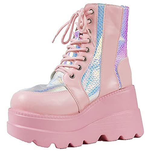 Chunky Platform Combat Boots, Square Toe Zip Heel Ankle Boot for Women
