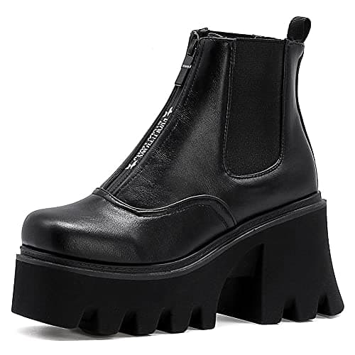 Mikarka Zipper Studded Goth Platform Combat Ankle Boots for Women Mid Chunky Block Heel Motorcyclist Boots
