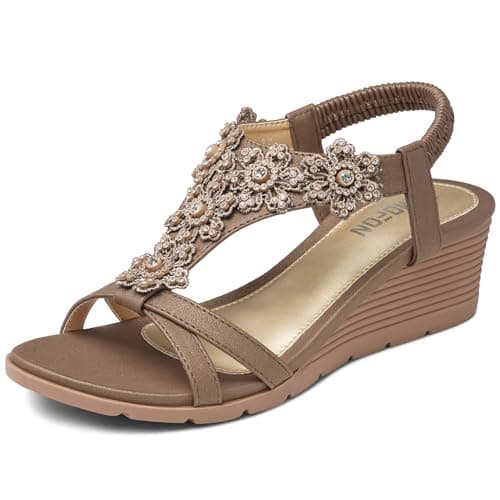Temofon Women's Low Wedge Heel Summer Flower Sandals