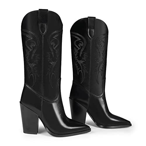 ISNOM Women's Pointed Toe Chunky Heel Cowboy Boots