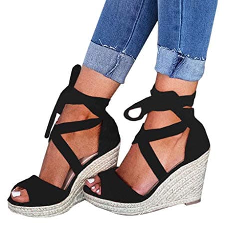 Fashare Women's Open Toe Wedge Heels Sandals with Tie Lace-Up Ankle Strap