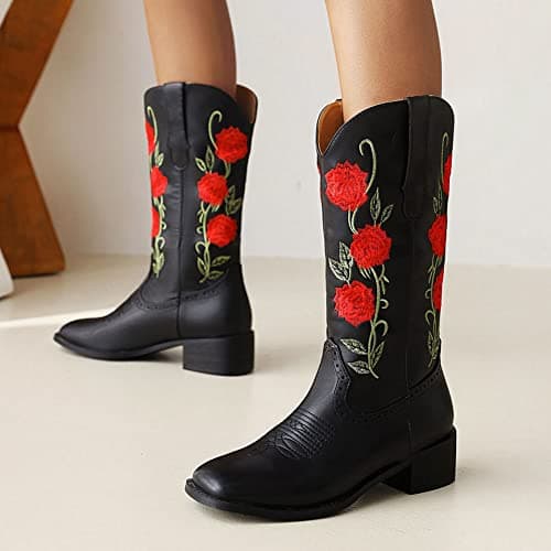 Mikarka Women's Embroidered Mid-Calf Cowboy Boots with Square Toe and Pull-Up Tabs