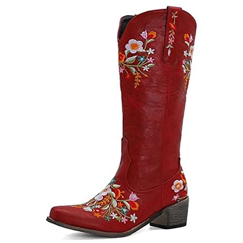 Erocalli Women's Western Mid Heel Embroidered Claf Boot