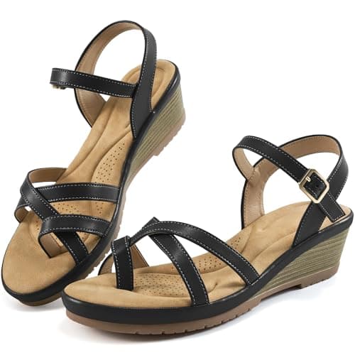 Aomigoct Black Women's Dressy Wedge Sandals - Comfortable Work & Casual Shoe