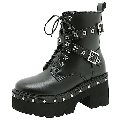 Goth Women's Platform Ankle Boots with Chunky High Heel and Lace Up Detail