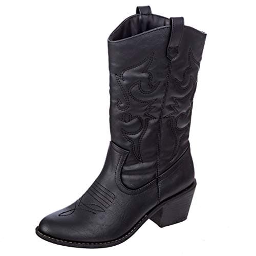 Charlies Albert Women's Mid-Calf Embroidered Cowboy Boots Low Stacked Heel Western