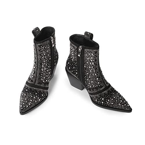 Sparkly Rhinestone Cowboy Ankle Boots with Pointed Toe and Chunky Heel by ISNOM
