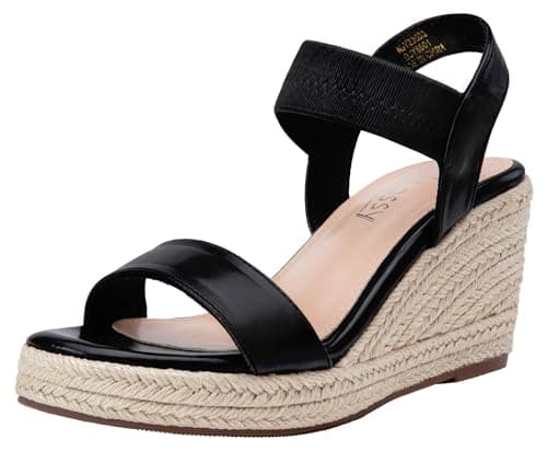 Jeossy Women's Comfortable Black Elastic Ankle Strap Wedge Sandals