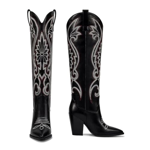 ISNOM Women's Cowboy Knee High Embroidered Pointed Toe Boots