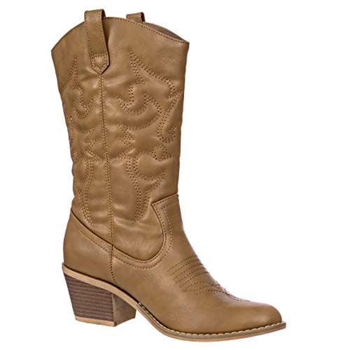 Charlies Albert Women's Mid-Calf Embroidered Cowboy Boots Low Stacked Heel Western