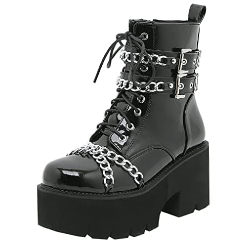 Goth Women's Platform Ankle Boots with Chunky High Heel and Lace Up Detail